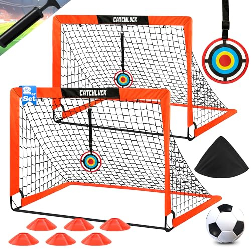 CATCHLUCK Fotbollsmål för Trädgård Barn Pop Up 2st Set Med Fotboll, 6 Fotbollskon, 8 U-Formade Markspikar Och Bärväska (Röd)