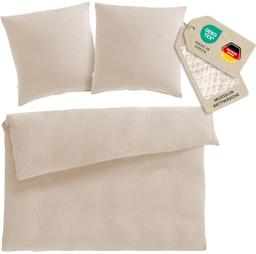 Pure Label Musselin Bettwäsche 200x200+2x80x80 cm - Beige | Traumhaft weiche, kuschelige Bettwäsche-Sets aus Musselin - 40° Waschbar