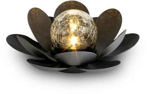 Spetebo Lámpara LED solar de loto negra con bola de cristal crackleglas – 24 x 10 cm – Lámpara decorativa para jardín en diseño de flores – Bola de jardín – Lámpara solar de loto – Decoración de