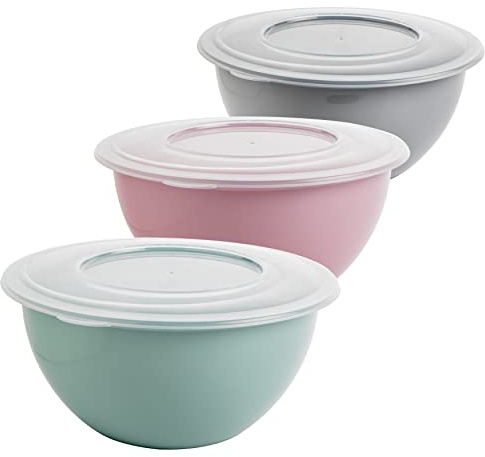 2friends Schüssel Modell Pastel, mit Deckel 5L (3er Set), Salatschüssel mit Deckel, Rührschüssel, Kunststoff (PP) BPA-frei, Farbe: hell grau, pastell rosa und grün, transparent Deckel, Ø 28 cm,