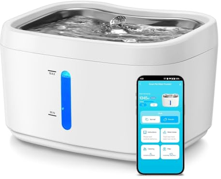 2.5L/85oz Trinkbrunnen Für Katze Kabellos, Katzenbrunnen Edelstahl, 3000 MAh Batterie, Automatische Erkennung, Zirkulation, Effektive Filterung, Leiser Trinkspender für Haustiere