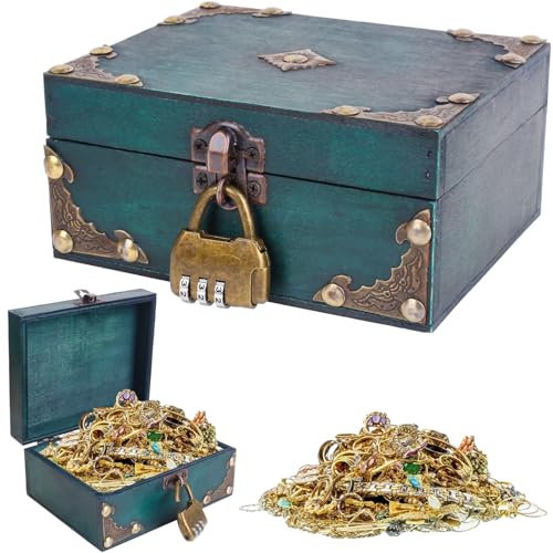 Unvtap Vintage Holz Schatztruhe Schatzkiste Kindergeburtstag Klein Piratenschatztruhe, Schatztruhe mit Zahlenschloss, Schatzkiste Holz für Aufbewahren und Dekorieren Geschenke(15 x 12 x 7.2cm)