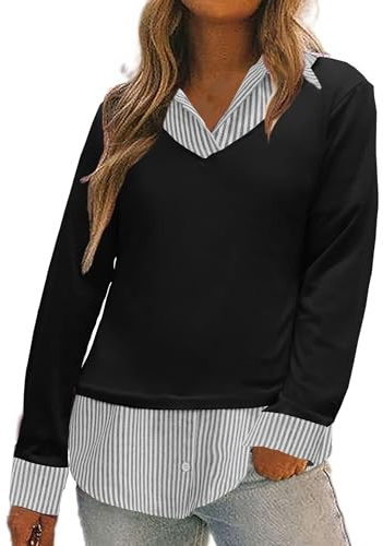 Oyamiki - Maglia a maniche lunghe da donna in cotone con colletto a camicia, a blocchi di colore, in maglia a V, T-shirt casual, elegante, bluse, maglione svasato, top per autunno e inverno, L