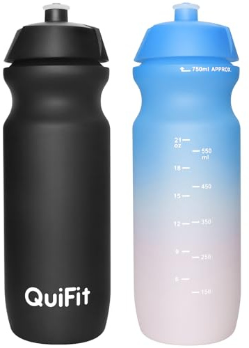 QuiFit Trinkflasche Fahrrad 750 ml, Trinkflasche Sport Auslaufsicher, Rennrad Sportflasche 2er Pack, Squeeze Flasche BPA Frei mit Kapazitätsskala für Workout, Radfahren (Black+Blue Pink(2pcs), 750ml)