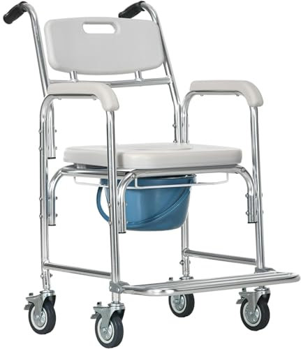 Verstellbarer Toilettenstuhl - Dusch-Toilettenstuhl mit Rädern, mobiler Toiletten-Duschhocker, ergonomischer Sitz für ältere und behinderte Menschen (52 cm)