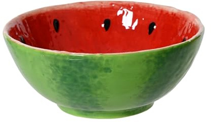 Skål 15 x 6 cm keramik i vattenmelonform – skålar och skålar – serveringsskål salladsskål dessertskål müsliskål – dekorativ skål vår och sommar – fruktservis röd grön