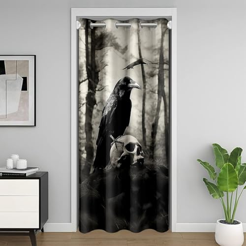 Loussiesd Zucker Schädel Türvorhang 86x203cm 1 Panel Glückliches Halloween Vorhang Mädchen Jungen Horror Thema Rabe Tier Druck Vorhang für Innentür Raumteiler