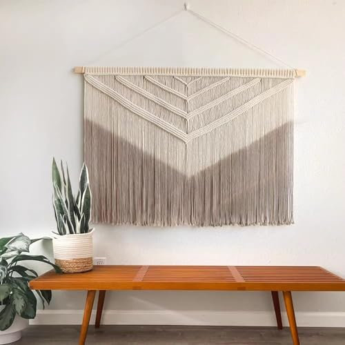 WABMJGW Makramee-Wandbehang beige, gewebter Wandteppich mit gefärbter Quaste, handgefertigter Wandteppich aus Baumwollseil, Boho-Dekor für Wohnzimmer und Büro,Light khaki-140x100cm