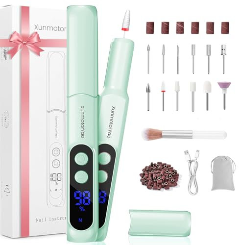 XunmotorYao Ponceuse Ongles Professionnelle 12 en 1 Lime a Polissage Ongle Electrique Sans Fil Avec LED écran Numérique Manucure et Pédicure Kit USB Rechargeable pour Salon et Maison,Vert