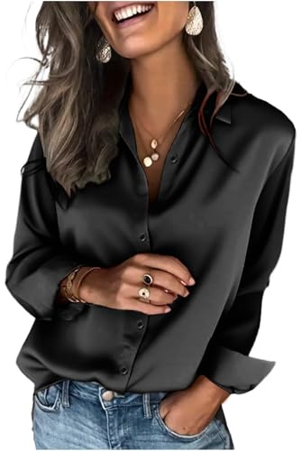 Zeagoo Women's Satin Blouses Soft Elegant V Neck Blouse Button Down Long Sleeve Shirts Casual Office Work Tops Black XL