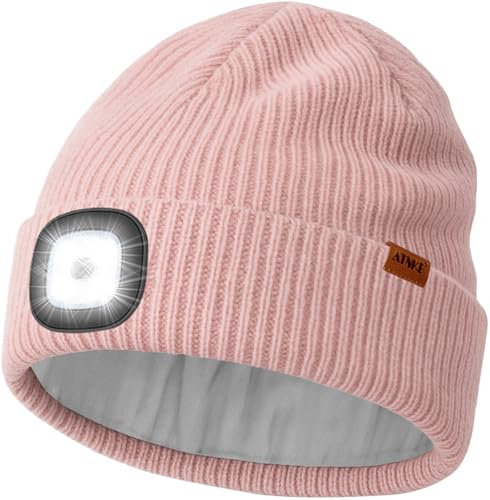 ATNKE LED Beleuchtete Mütze mit Licht Fleece Gefüttert, USB Wiederaufladbare 4 LED Laufmütze Freihändig Stirnlampe Winter Warm Wollige Totenkopf Mütze Geschenke für Herren und Damen
