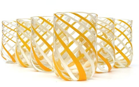 MAZZEGA ART & DESIGN - 6 vasos de agua - Cilindro Spirial - de cristal, soplados y hechos a mano con cristal de Murano, línea I Colori di Murano 350 ml. Made in Italy (6, blanco - amarillo)