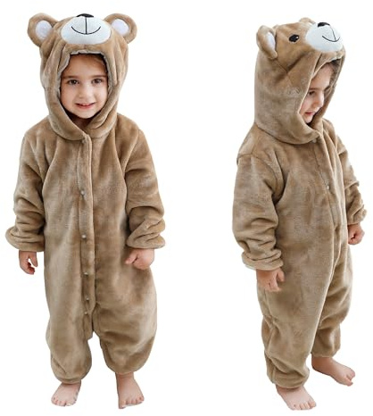 COOKY.D Baby Multi-Colour Bear Romper Pyjamas Jumpsuit Outfit,2-36 Months | Snap Button Closure,Cute Bear Costume,Animal Head Design,Soft and Warm Flannel,Machine Washable,Ideal Shower Gift