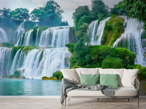 Boceoey Papier Peint Panoramique Cascade Jungle - Papier Peint Intissé Autocollant - Forêt Lac Décoration Murale - Adhésif Mural pour Salon Chambre, 100x70 cm - M-563