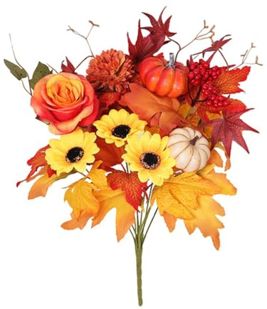 PawwJoy Bouquet di fiori artificiali autunnali, 40,6 cm, foglie d'acero finte, zucca, composizione floreale per vaso di casa, decorazione centrotavola per matrimoni, stile C