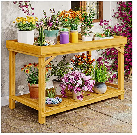 Panca da giardino a 2 ripiani, per interni ed esterni, scaffale multifunzione, supporto per fioriere, colore giallo, 110 x 60 x 85 cm, perfetta per piante e fiori