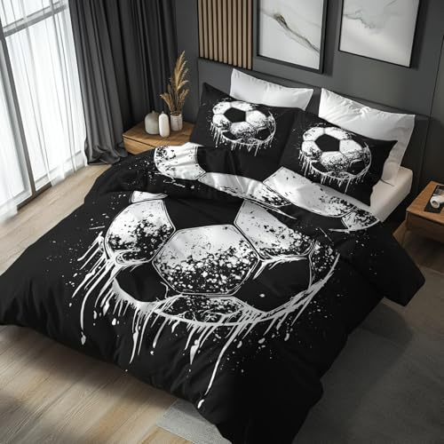 Fußball Bettwäsche 155x220 Bügelfreie - Schwarz Weiß Fussball Muster, Renforce Wendebettwäsche Bettbezug 3-teilig Set Cozy Mikrofaser Mit Reißverschluss, 2 Kissenbezug, Geschenk Fußball, LS4471