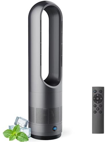 Ventilador De Torre Caliente Y Frío Con Purificador De Aire, Ventilador Portátil Sin Aspas De 18 Pulgadas Con Temporizador De 8 Horas, 8 Velocidades,oscilación De 80°, Ventiladores Pie gray