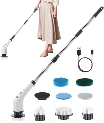 Rotating Cleaning Tool - Electric Bathroom Scrubbing Brush for Shower, Adjustable Battery Scrubber for Grout, Safe Kitchen Sinks, Deep Cleans Surfaces, Home and Garden, White Compact Handle