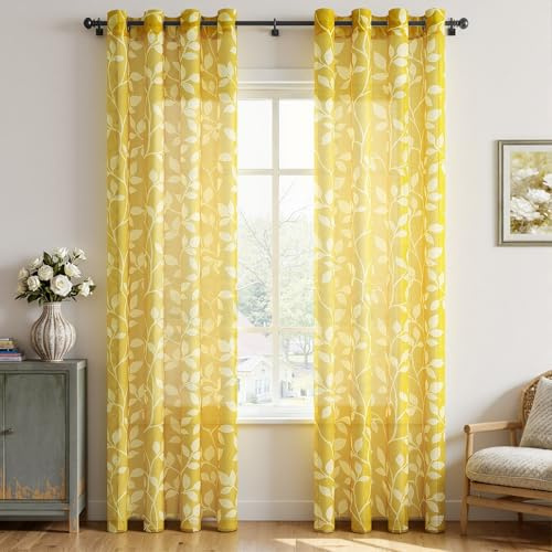 CUTEWIND Gardinen Kinderzimmer Mädchen Voile Ösenvorhänge Gardinen für Wohnzimmer 240 x 140 cm (HxB), Gardine Gelbe Transparente Vorhänge mit Weißen Blätterdrucken Muster Transparent 2er Set