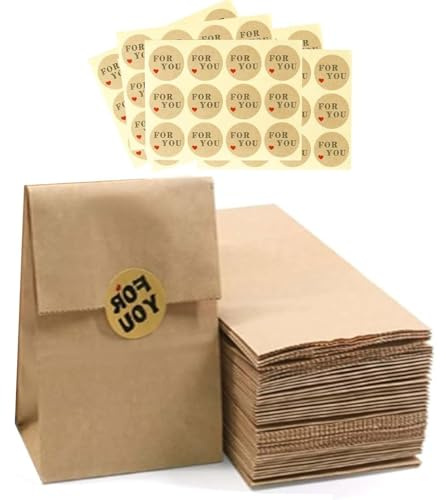 50 Pack Brown Paper Bags with 60 FOR YOU Stickers, Kraft Paper Bags, Small Brown PaperBag, Paper Food Bag, Cake Bag for Food, Groceries, Bread, Fruits, and Sweets