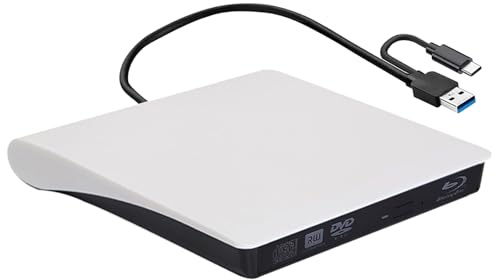 Dwlhap 2 in 1 External Blu Ray Drive with Reader, BD CD DVD Drive USB 3.0 & Type-C External Blu ray Burner, Mobile Portable Bluray Player for Windows Air Mac OS (White)