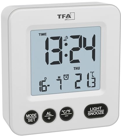 TFA Dostmann Mini réveil numérique radio-piloté 60.2567 à piles, température intérieure, réglage du fuseau horaire, durée de répétition individuelle, jour de la semaine