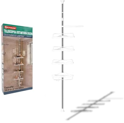 Estantería Telescópica de Baño | Altura Ajustable | Organizador Bañera sin Taladro | 4 Baldas Regulables con Drenaje | Estructura de Metal Resistente al Agua (Blanco, Altura Ajustable 100 a 260cm)