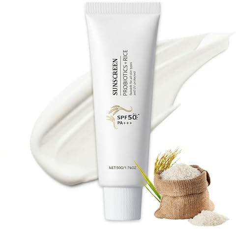 Rice Sunscreen SPF 50 PA++++ SPF 50 Probiotics Sunscreen Rice Protection Korean Sunscreen Lightweight Sun Cream for Face & Body, No White Cast, Moisturising for All Skin Types, 50g