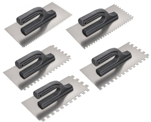 5 x Stainless Steel Set 4, 6, 8, 10, 12 mm Notched Tiling Trowel 270mm Square Notch Adhesive Spreader with Plastic Grip Handle for Wall & Floor Tile Projects, Durable and Rust-Resistant Tools