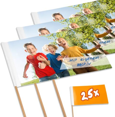 Personalisierte Papierfähnchen/Werbefähnchen - 25 Stück, ca. 250 x 120 mm - selbst gestalten mit eigenem Foto, Logo oder Motiv