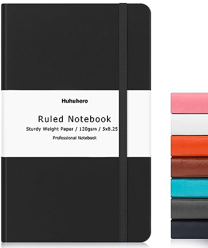 Huhuhero Lined Journal Notebooks for Work, Hardcover Leather Journals for Writing Women Men, 120Gsm Thick Paper College Ruled Notebook, Office School Supplies, 5.25×8.25 (1, Matte Black)