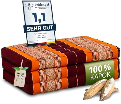 livasia Nachhaltige Matratze aus Kapok - 140x70x8cm - Klappmatratze, Camping Matte faltbar, ökologische Yogamatte klappbar, Liege für Garten und Balkon (Orange)