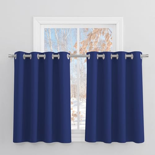 PONY DANCE Blue Blackout Short Curtain for Kitchen 36 Drop Super Soft Thermal Eyelet Top Curtains & Drapes Privacy Protected Panels for Small Window, W 52 x L 36 in, 2 Pieces