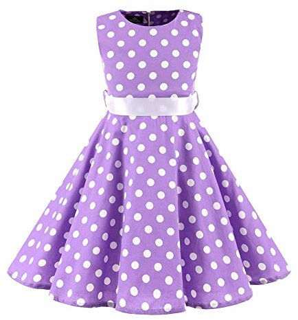 Vestito estivo da bambina con stampa floreale, stile vintage anni '50, a pois, principessa, in cotone, per matrimonio, compleanno, serata, linea senza maniche, cintura, Lilla, 9-10