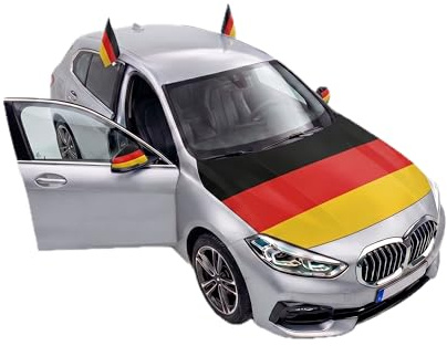 Auto Fahnen Deutschland Komplett Set - Motorhaubenfahne, 2 Autofahnen Fenster & 2 Außenspiegelfahnen, Fußball Fanartikel FZG für EM & WM, Deutsche Flagge Fahrzeug Deko