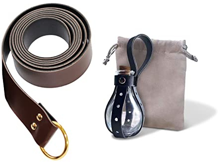 Bouteille de potion ronde en verre transparent avec ceinture en cuir de chevalier médiéval pour Halloween, accessoires de costume, loisirs créatifs et bouteilles décoratives (noir)