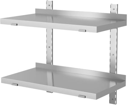MOOTACO Wandbord Wandregal 2 Ablagefläche Regal Edelstahlregal Küchenregal Edelstahl Gastro für Küchen oder Zuhause,Restaurant (60x30cm) | Edelstahlregal Küchenregal für Küchen Restaurant, Garage, küche, Leichte Reinigung