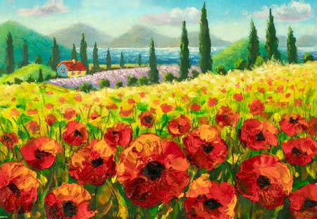 adrium Holz-Bild 60 x 40 cm: Original Ölgemälde von Blumen, schöne Feldblumen in der Toskana, Italien auf Leinwand. Moderne Impressionism.Impasto-Grafik(156097166)