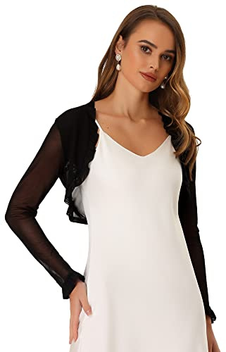 Allegra K Sheer Mesh Shrug for Women's Ruffled Trim Bolero Open Front Cropped Cardigan Black L