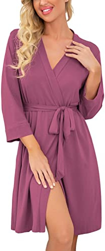 PrinStory kvinnor lång/kort badrock stickad kimono morgonrock mjuka dammorgonrockar avslappnade damer myskläder, Lila röd, L