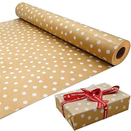 25 m rulle med kraftvita polkaprickar omslagspappersrulle, 100 % återvinningsbar eco gåva för födelsedagspresent fest juldekorationer (15 m x 43 cm)