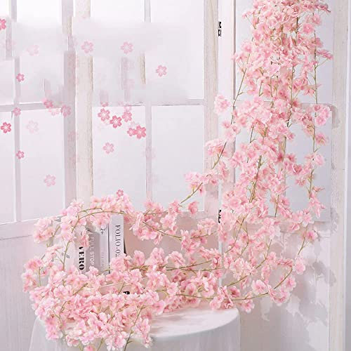 5 Stück Künstliche Kirschblüten Girlanden Blumengirlande Blumen Rebe Seidenblumen Girlanden Hängende Kunstblumen Girlande Deko für Hochzeit Party Haus Garten Bogen Wände,135 Blütenköpfe Hellrosa