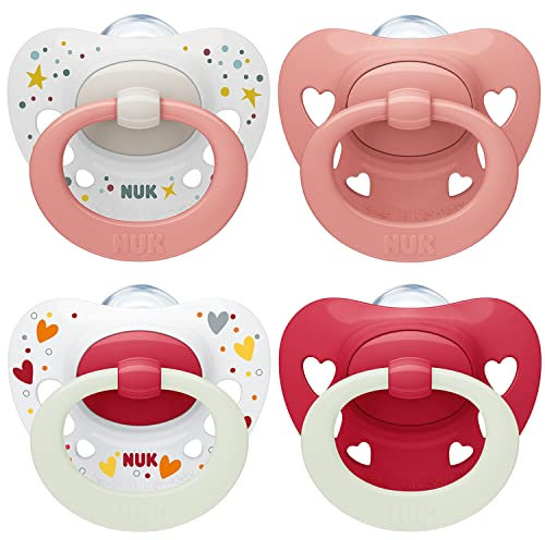 NUK Signature Day & Night Baby Dummy | 0-6 months | Soothes 95% of Babies | Heart-Shaped BPA-Free Silicone Soothers | Glow-in-the-Dark | Hearts | 4 Count