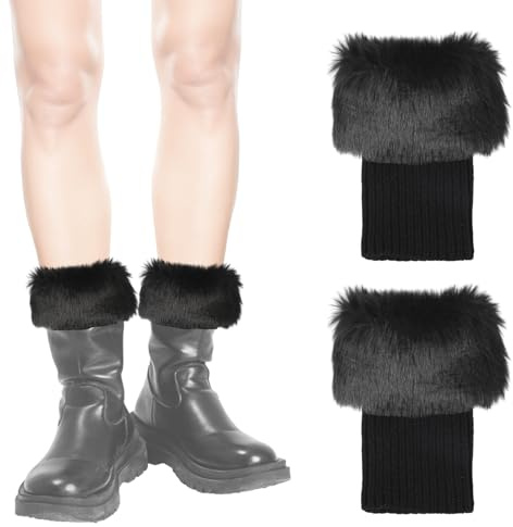 PEUTIER Calentadores Piernas Piel, 18cm Cortos Calentadores de Piernas Peludos Botas Cubiertas de Pelo Calcetines de Punto Calentadores Piel Sintética para Mujeres Niñas Fiestas Disfraces (Negro)
