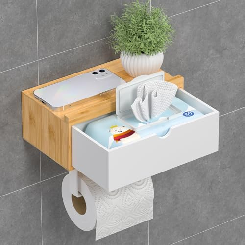 Exabang Toilettenpapierhalter Ohne Bohren Klopapierhalter Bambus, Natur | Mit Feuchttücherbox, Selbstklebend or Bohren, Klorollenhalter Schublade, WC Papierhalter, WC Rollenhalter, Für WC Badezimmer