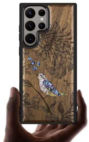 Carveit Handcrafted Case for Galaxy S24 Ultra (Flowers and Bird-Walnut) | Samsung Galaxy S24 Ultra Case - Compatible with MagSafe Wireless charger - Wood Engraved Shell Inlaid - TPU Shockproof Bumper
