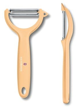 Victorinox Pelador universal Duo Pack para frutas y verduras – extra afilado – Hoja dentada / doble filo – Mango ergonómico – Edición limitada naranja claro