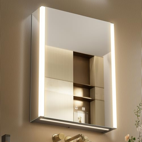KWW LED Illuminato Bagno Medicine Cabinet con Specchio, Temperatura di Colore Regolabile, Luci Dimmabili Anti-Nebbia, Outlet & USBs, Armadio Medico Montato A Parete (Cerniera sinistra-55×70)