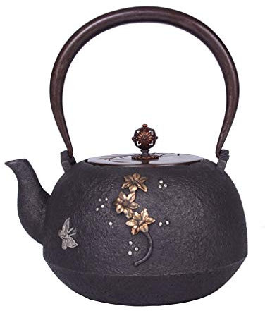 Théière en fonte, bouilloire à thé classique, théière japonaise en fonte, bouilloire à fond plat, cuisinière à induction, bouilloire, service à thé, poignée en cuivre antique de 1,2 l, couvercle de ca